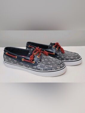 Sperry Top Sider Sequined Anchor Boat Shoes Women’s 8.5 Blue White Red